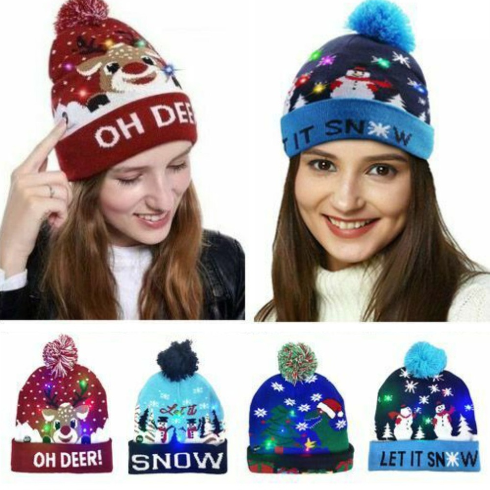 Christmas LED Knit Beanie Hat Light Up Pom Pom Hat